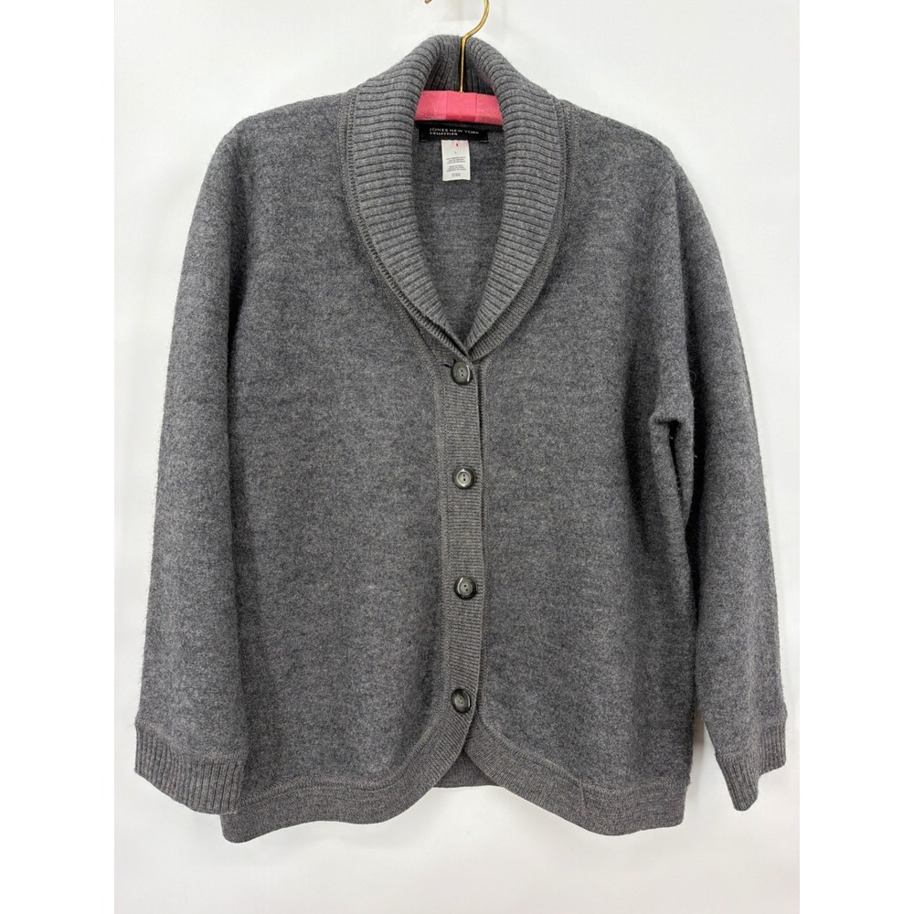 Jones New York Collection Gray Merino Wool Shawl Collar Cardigan Sweater Large